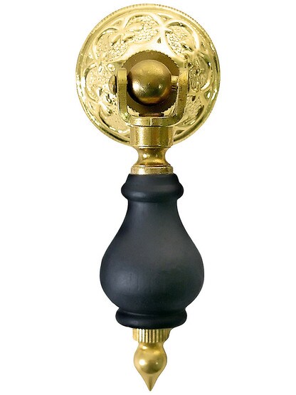 2 3/4 inch Ebonized Wood Tear Drop Pull With Eastlake Rosette In Polished Brass Finish